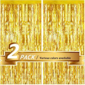 Gold Foil Fringe Curtain (2 Pack, 3.3ft x 9.8ft）